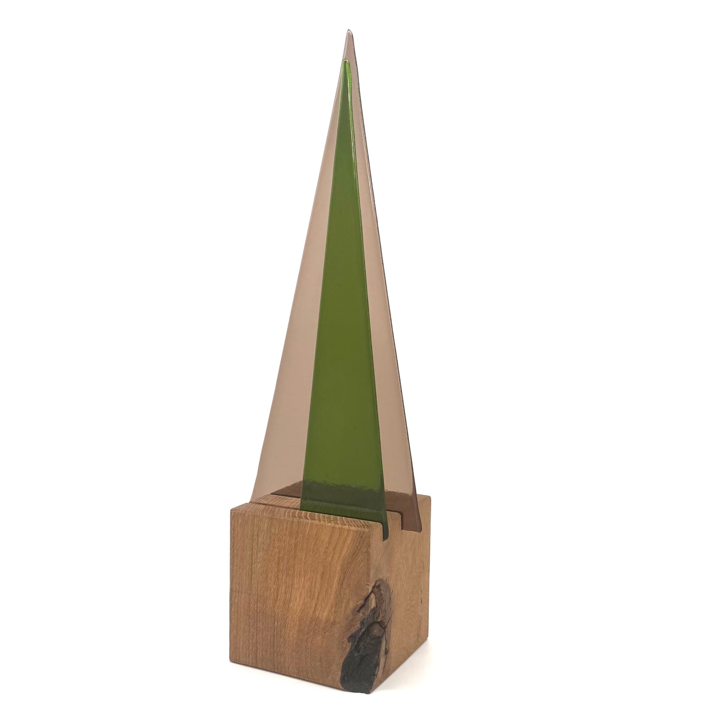 L991 Glasbaum-Duo taupe + moosgrün auf Eiche - 39 cm hoch, 13 cm breit