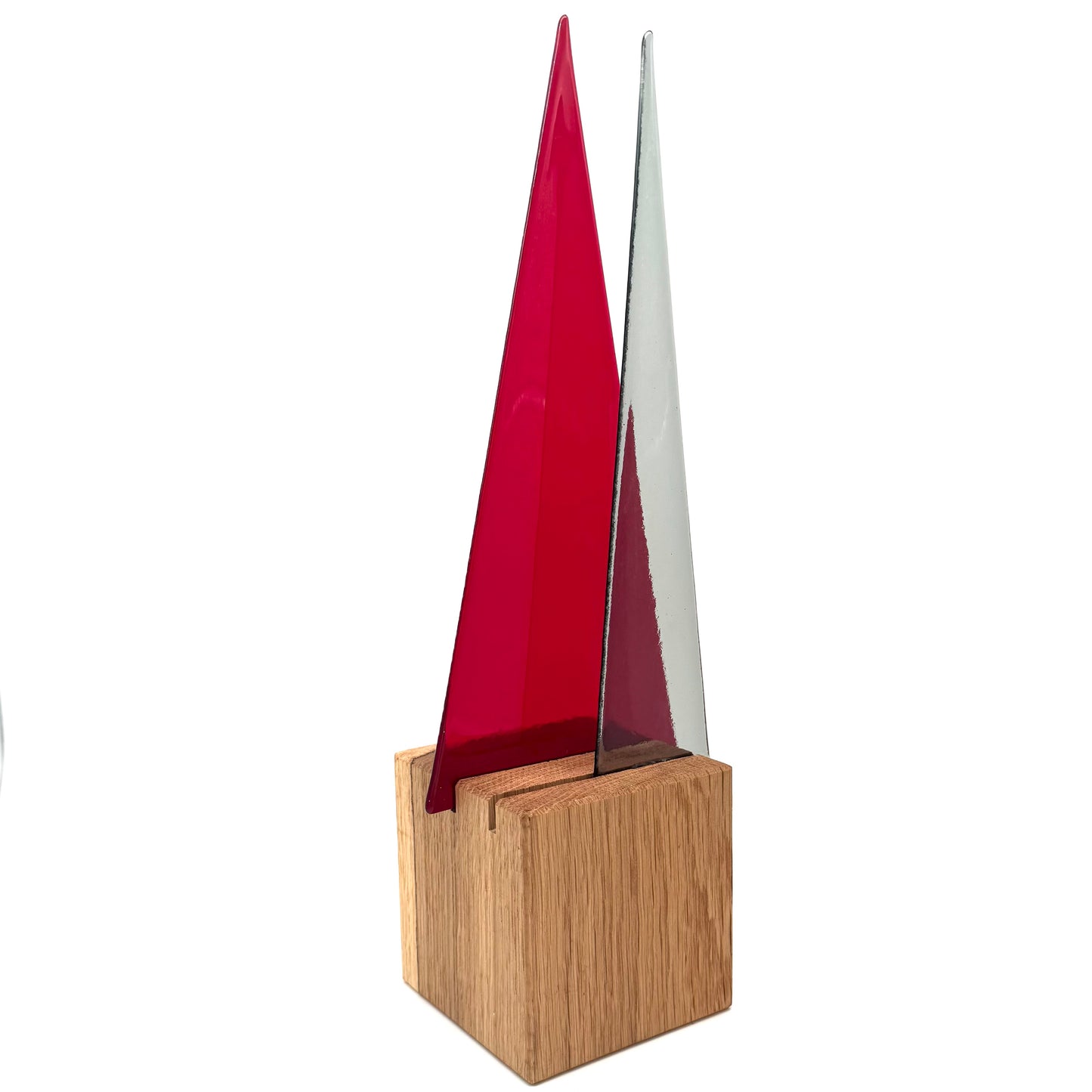 L921 Glasbaum-Duo rot + grau auf Eiche - 37,5 cm hoch, 12,5 cm breit