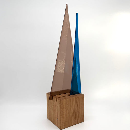 L911 Glasbaum-Duo taube + türkis auf Eiche - 38 cm hoch, 12,5 cm breit