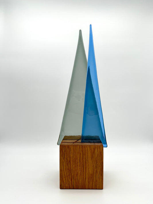 L961 Glasbaum-Duo grau + hellblau auf Eiche - 38 cm hoch, 12,5 cm breit