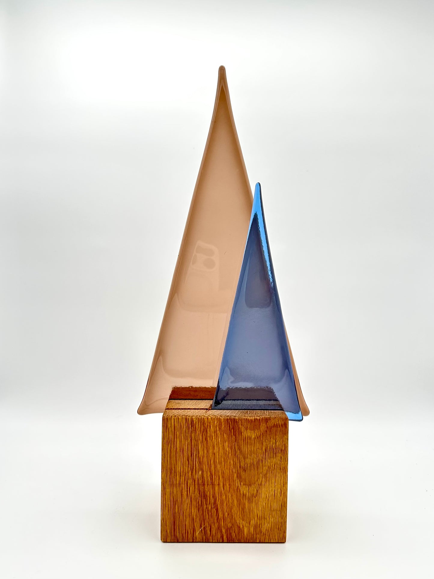 L931 Glasbaum-Duo taupe + hellblau auf Eiche - 38,5 cm hoch, 15 cm breit