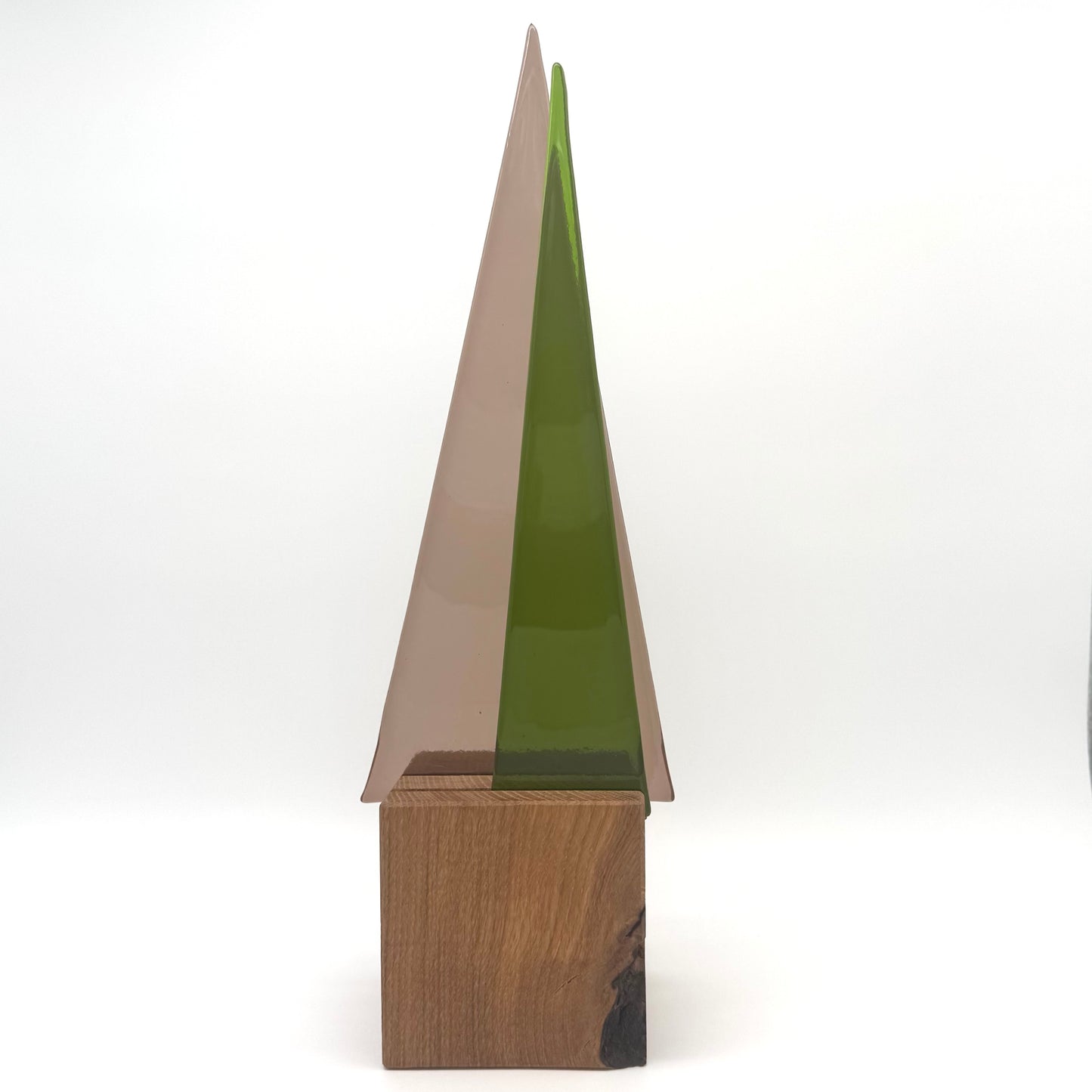 L991 Glasbaum-Duo taupe + moosgrün auf Eiche - 39 cm hoch, 13 cm breit