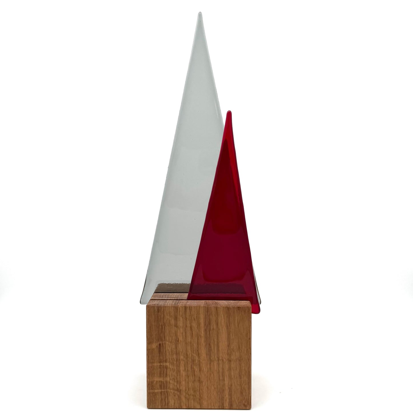 L981 Glasbaum-Duo grau + rot auf Eiche - 37,5 cm hoch, 13 cm breit