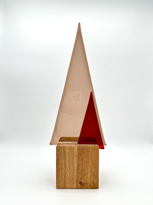 L941 Glasbaum-Duo taupe + rot auf Eiche - 39 cm hoch, 15 cm breit