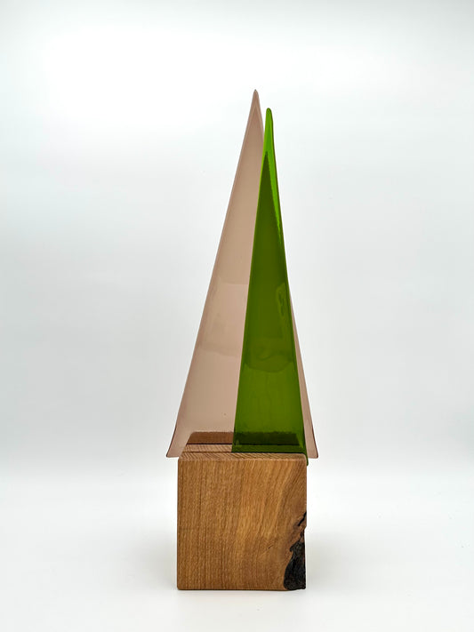 L991 Glasbaum-Duo taupe + moosgrün auf Eiche - 39 cm hoch, 13 cm breit